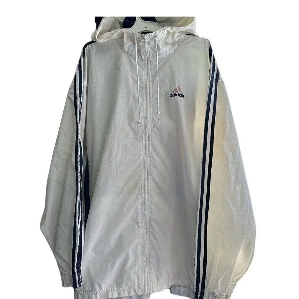 Vintage Adidas Mens White Navy Blue Striped Full Zip Hooded Windbreaker Jacket M